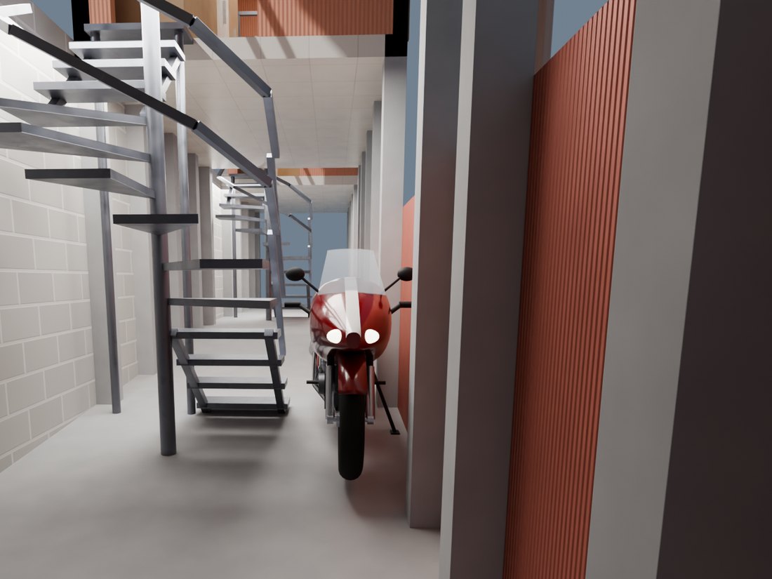 Render fotorrealista del pasillo de una casa con una moto estacionada junto a la escalera