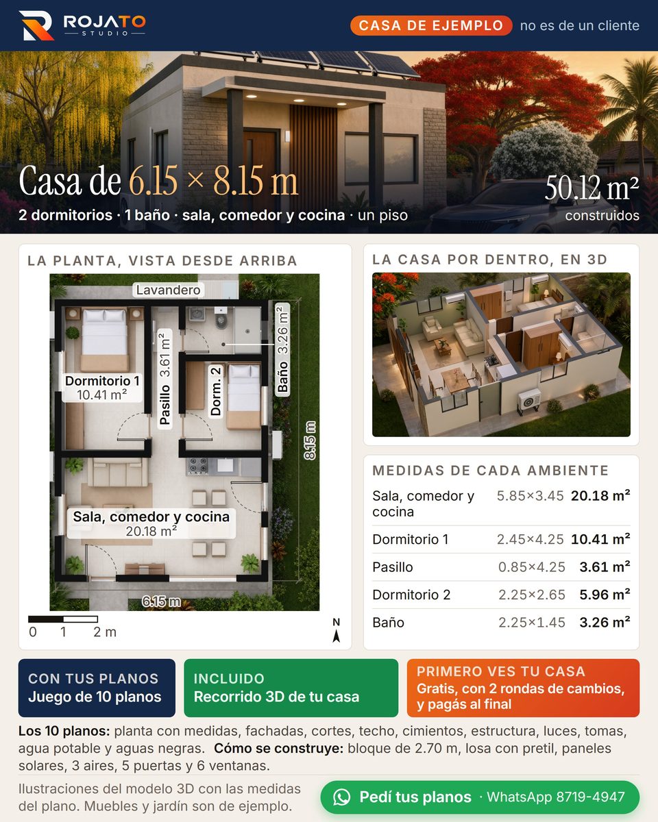 Lámina de la casa de ejemplo: la fachada, la planta vista desde arriba con sus áreas, la casa por dentro en 3D, las medidas de cada ambiente y lo que trae: juego de 10 planos, recorrido 3D de tu casa incluido y que primero ves tu casa gratis
