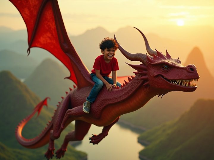 Un niño riéndose, montado en un dragón rojo que vuela sobre volcanes y un lago al atardecer